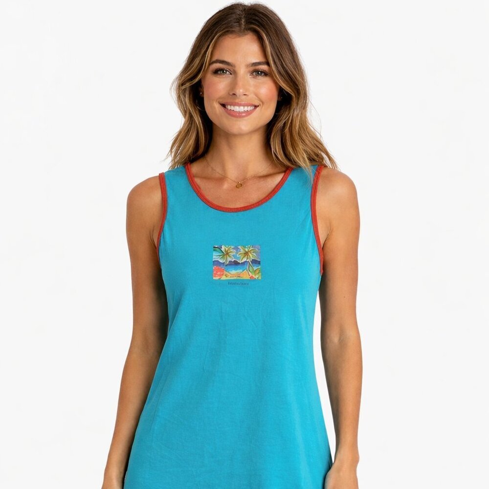 Vintage Tommy Hilfiger Turquoise Dress Tropical Print Palm Trees Tank Sleeveless